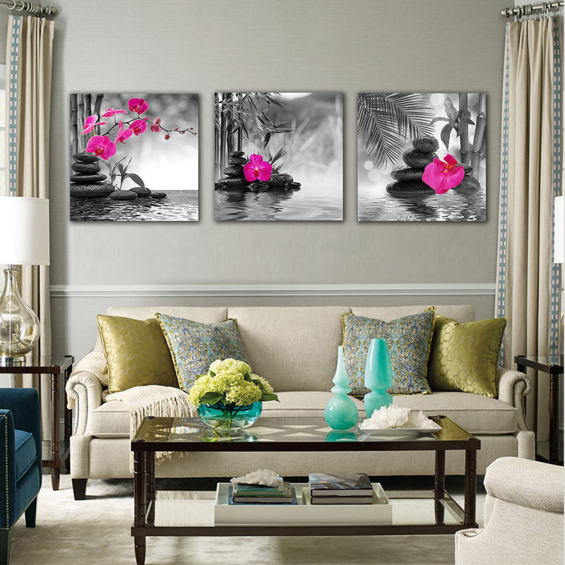 3 Panel Black and Whie Framed Wall Art Flower Painting Print on Canvas
