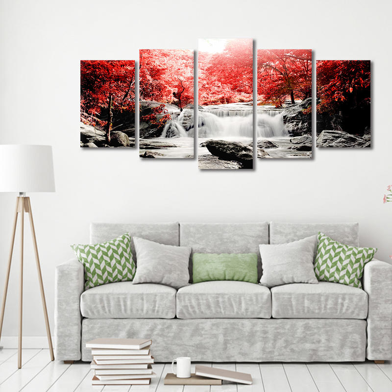 5 Panel Framed Wall Art Red Forest Waterfall Painting On Canvas