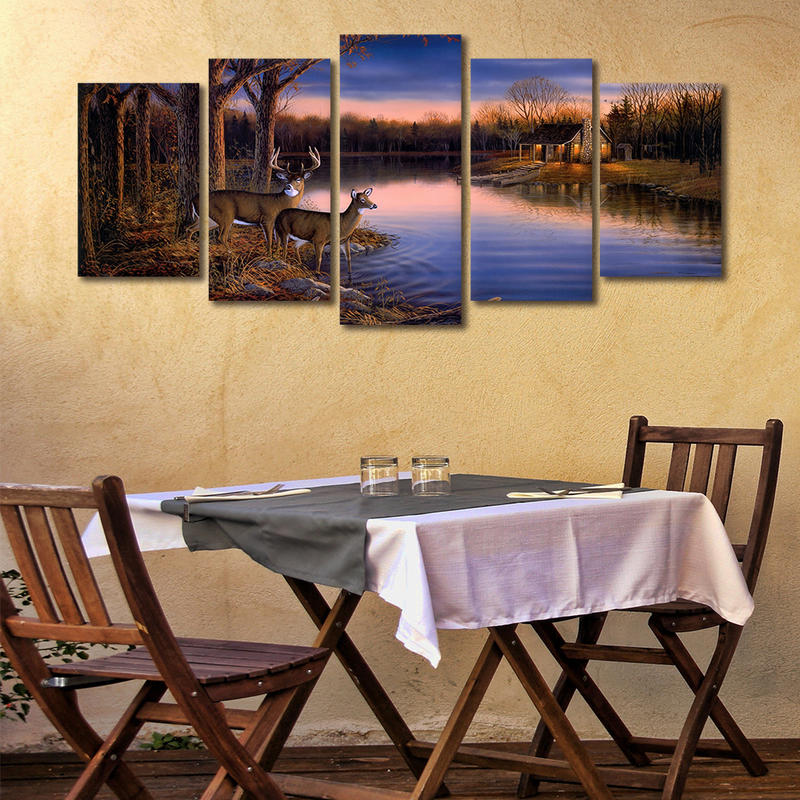 5 Panel Framed Wall Art Deer Lake Landscape Canvas Prints Paintinga