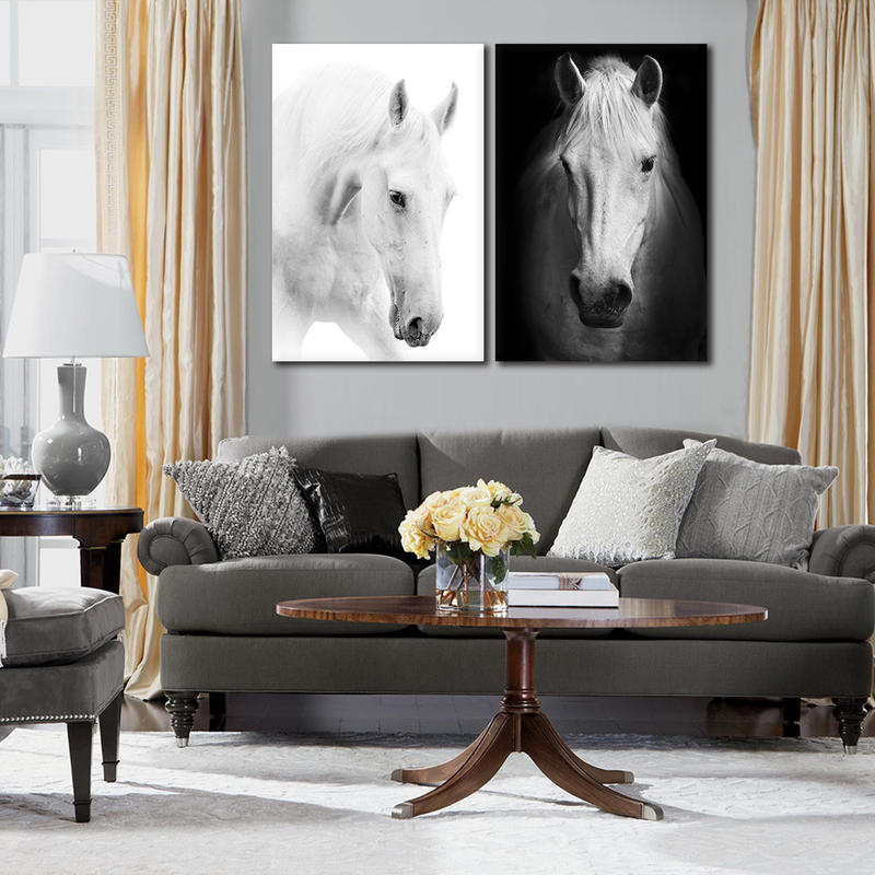2 Panel Framed Wall Art White Horse Canvas Prints Animal Painting Artwork