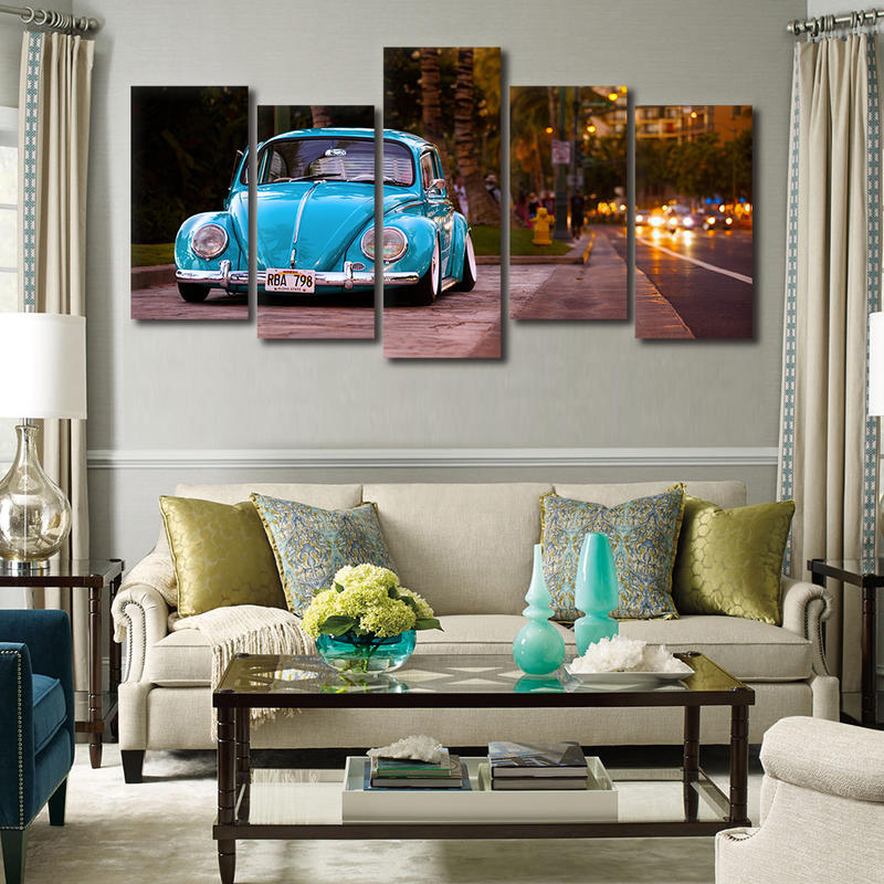 5 Pieces Canvas Paintings Printed Blue Beetle Car Wall Decorations 
