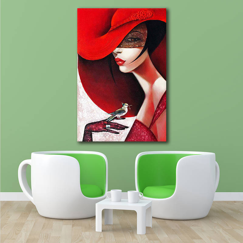 Modern Fashion Lady in Red Hat Canvas Painting Home Decor