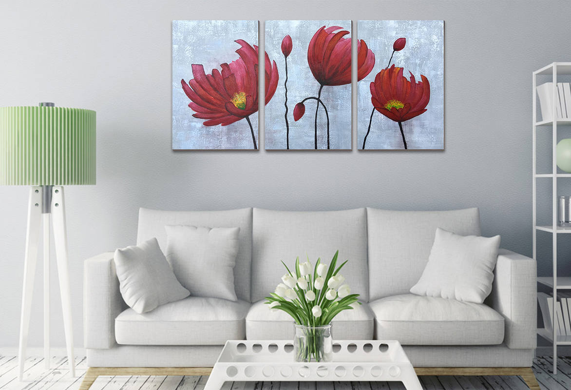 Hand Painted Red Flowers Wall Art for Bedroom