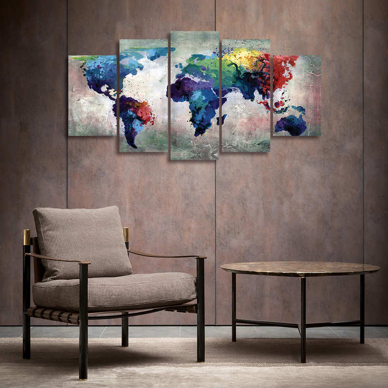 5 Pieces Watercolor World Map Canvas Prints Wall Art
