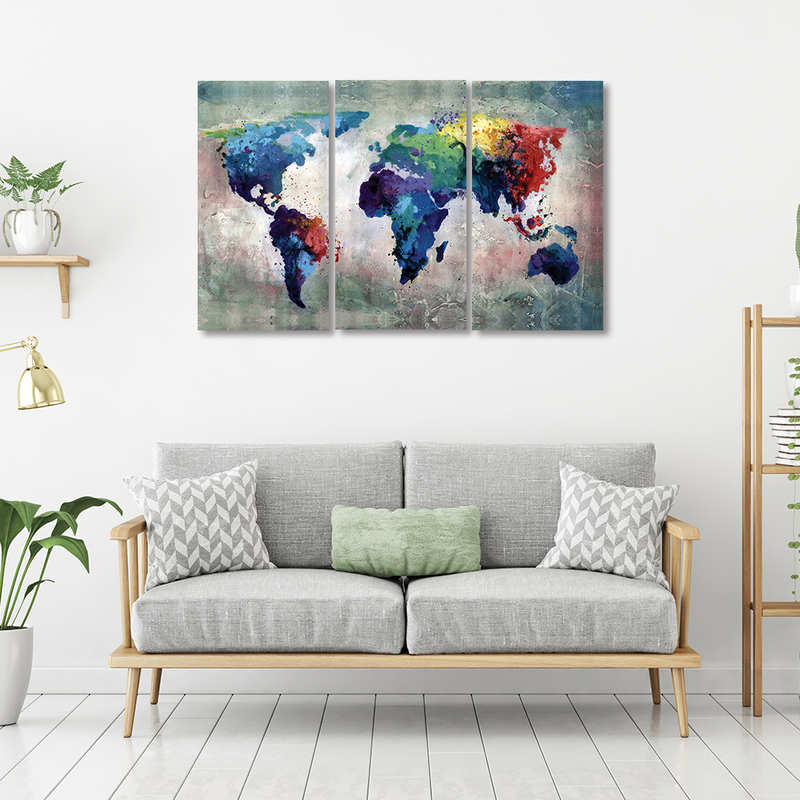 Watercolor Blue World Map Wall Decor Art 3 Panels