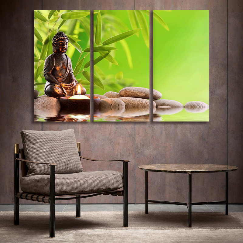 Buddha Wall Decal Art 3 Panels Bamboo Zen Stone