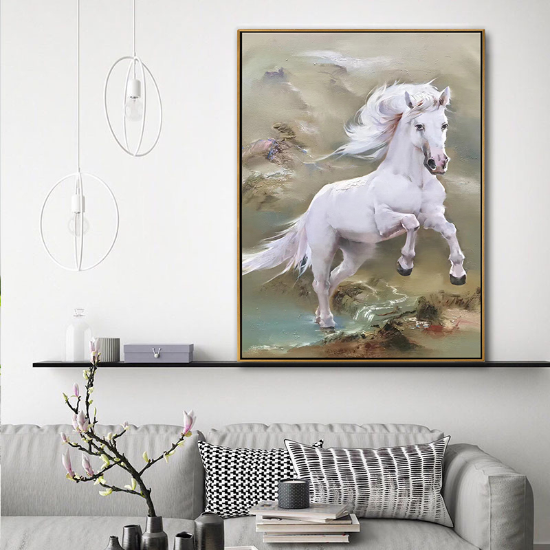 Running White Horse Oil Painting on Canvas